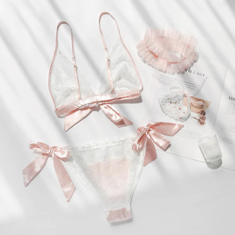 Women's Wireless Plunge Lace Bra & Brief Set - 3/4 Cup Sexy Lingerie