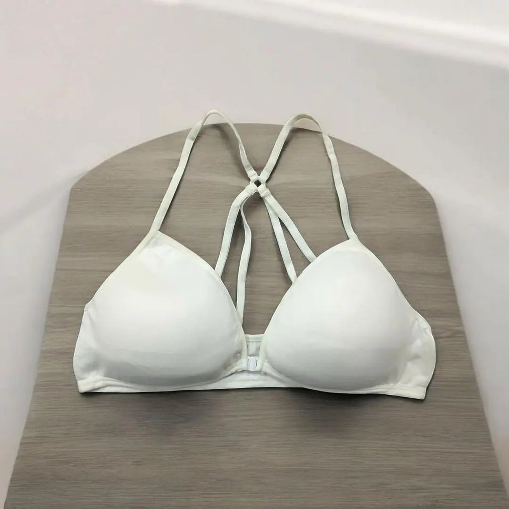 Women Front Button Bra with Double Crisscross Straps - White Jersey The Max Mall