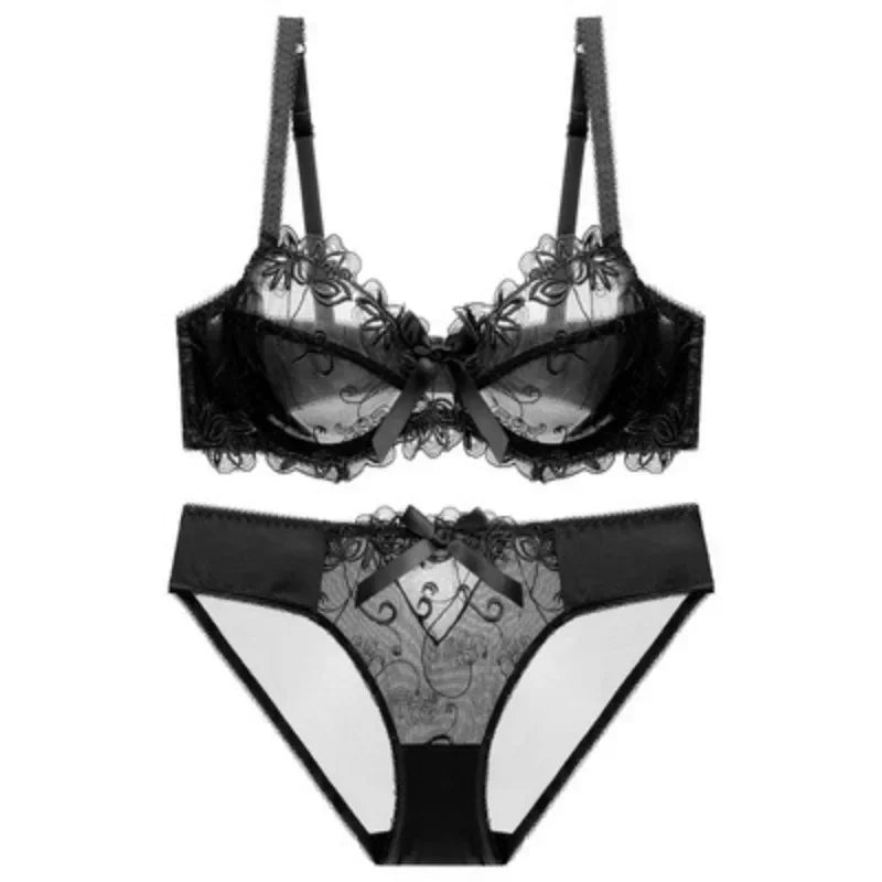HUISONG Women's Lace Bra & Brief Set - 3/4 Cup Unlined Sexy Lingerie