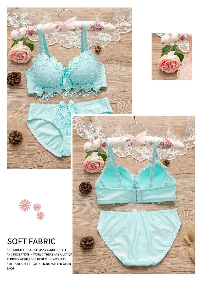 Women's Wireless Floral Bra & Brief Set - 3/4 Cup Push Up Bow Everyday Lingerie