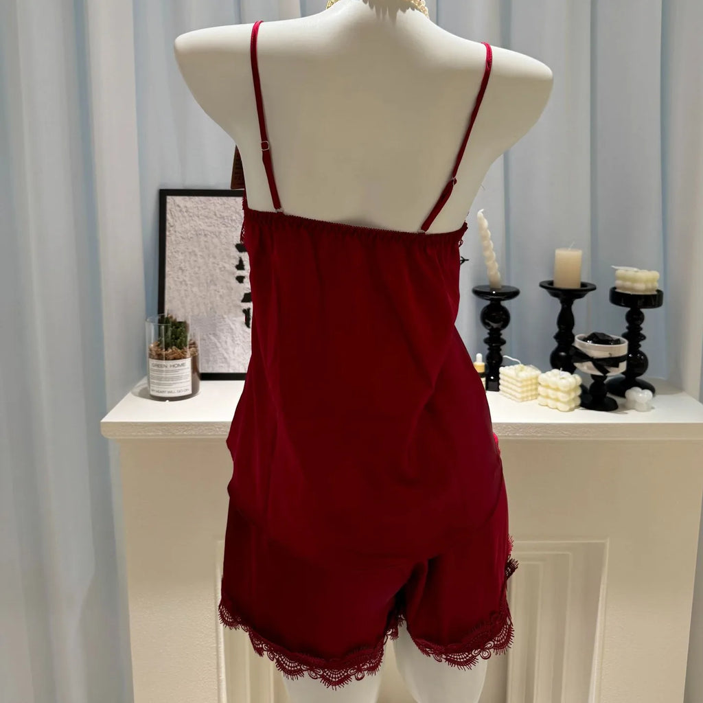 Women's Satin Pajama Set - 2-Piece Cami Top & Shorts Summer Sleepwear with Lace Trim