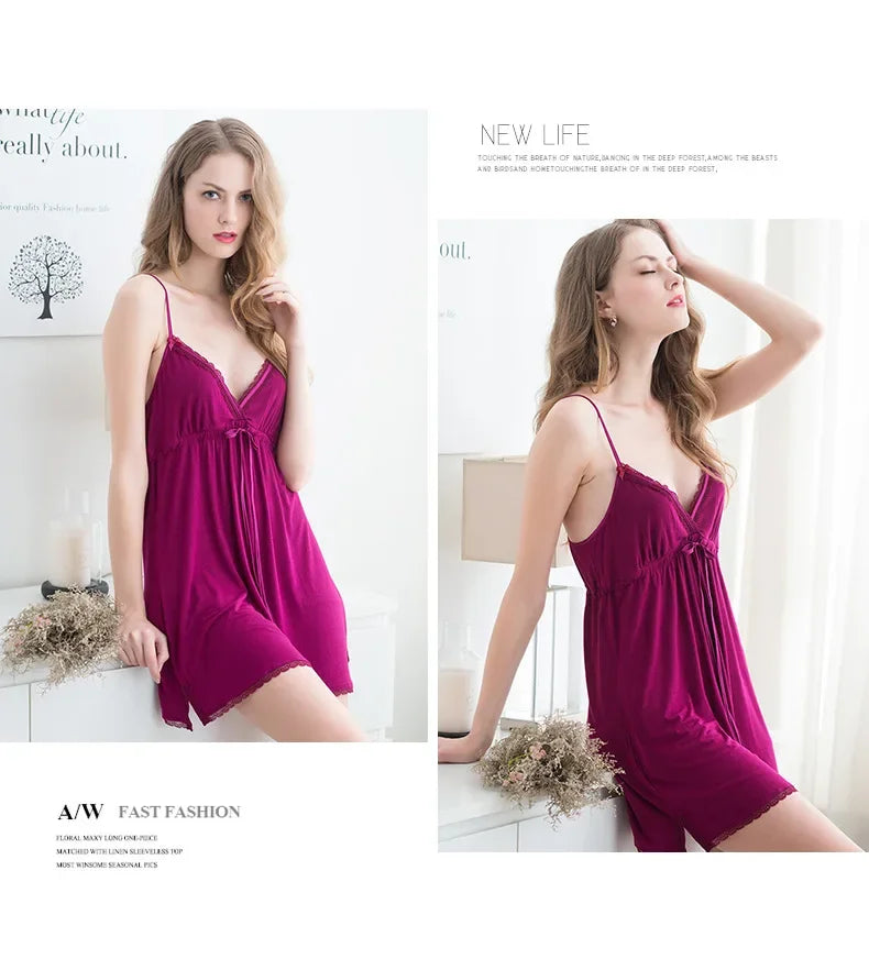 Women's Plus Size Modal Nightdress - Sexy V-Neck Sleeveless Lace Trim Spring Summer Sleepwear