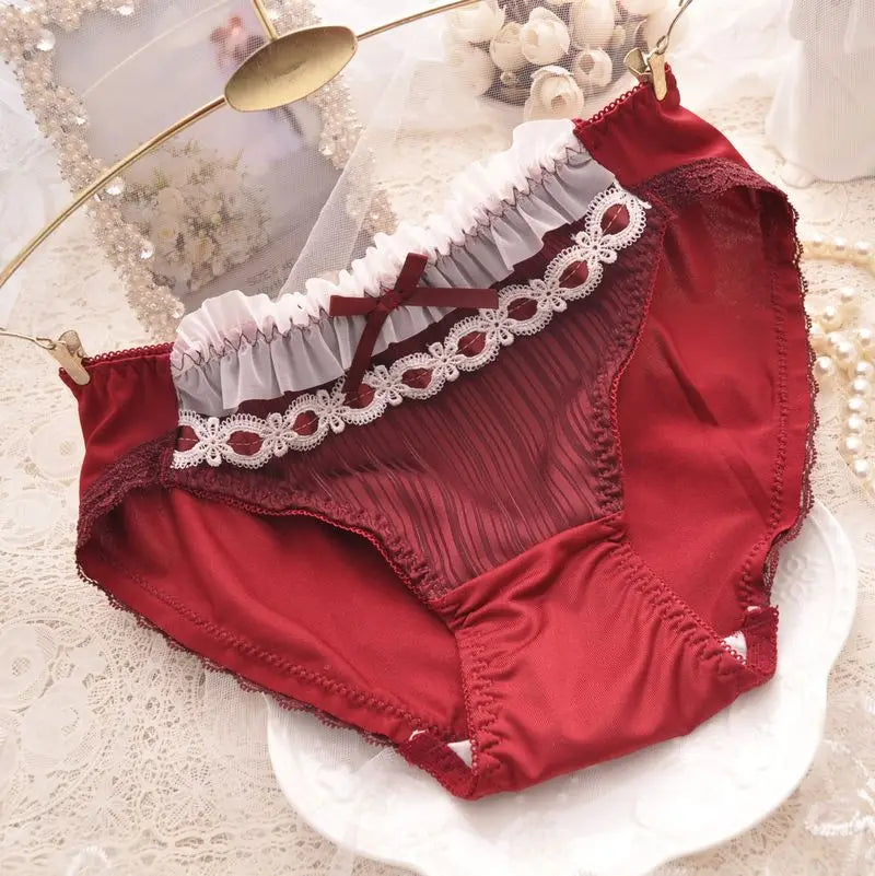 Women's Wireless Lace Bra & Brief Set - Lolita Style 3/4 Cup Push Up Lingerie M-XL