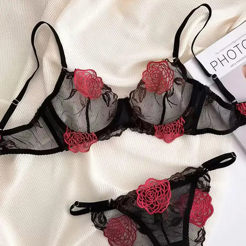 MOYISU Women's Underwire Bra & Brief Set - 3/4 Cup Push Up Plunge Embroidery S-4XL