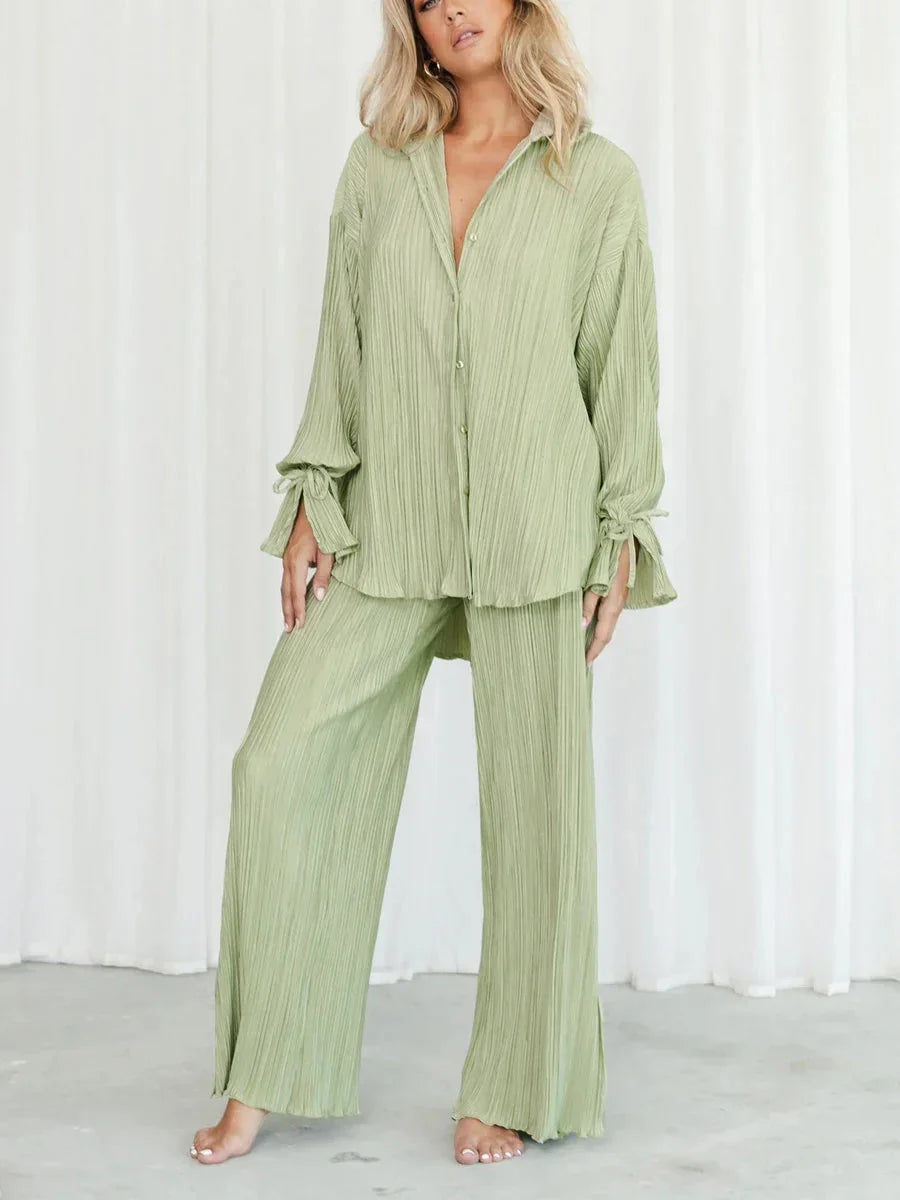 Women's Two-Piece Outfit - V-Neck Top & Wide Leg Pants NoEnName_Null