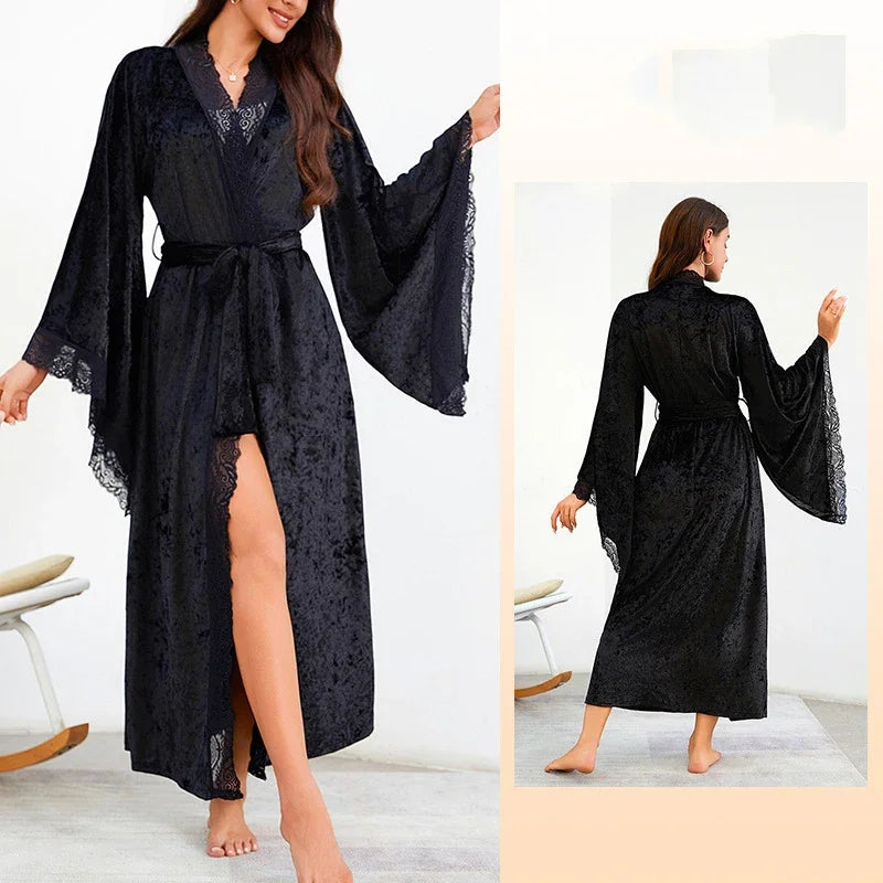 YZYOUTHZING Women's Velvet Long Robe - Ankle-Length Kimono Bathrobe with Lace Trim Sleepwear Nightgown