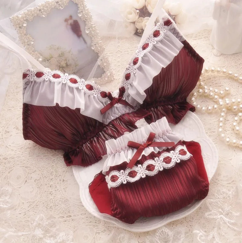 Women's Wireless Lace Bra & Brief Set - Lolita Style 3/4 Cup Push Up Lingerie M-XL