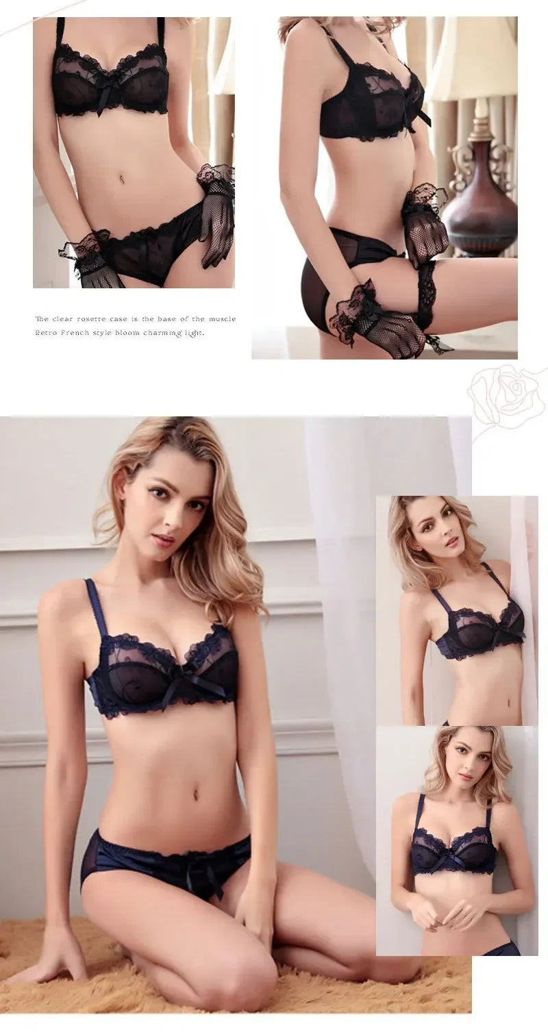 HUISONG Women's Lace Bra & Brief Set - 3/4 Cup Unlined Sexy Lingerie