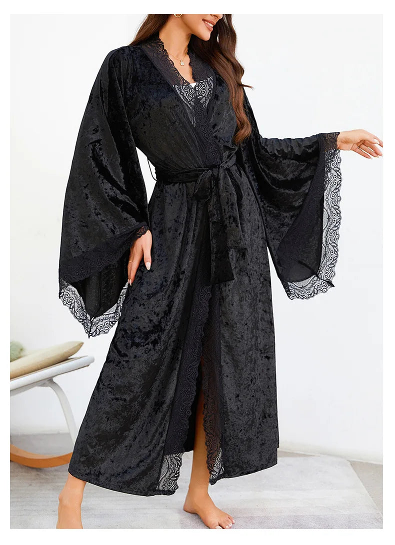YZYOUTHZING Women's Velvet Long Robe - Ankle-Length Kimono Bathrobe with Lace Trim Sleepwear Nightgown