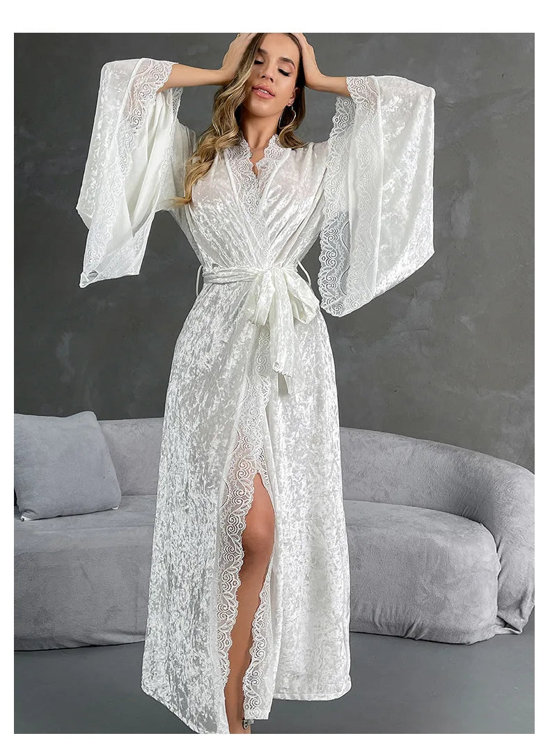 YZYOUTHZING Women's Velvet Long Robe - Ankle-Length Kimono Bathrobe with Lace Trim Sleepwear Nightgown