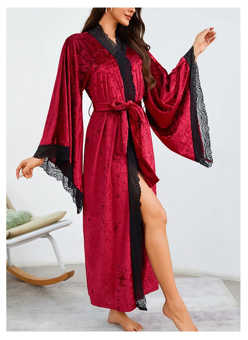 YZYOUTHZING Women's Velvet Long Robe - Ankle-Length Kimono Bathrobe with Lace Trim Sleepwear Nightgown