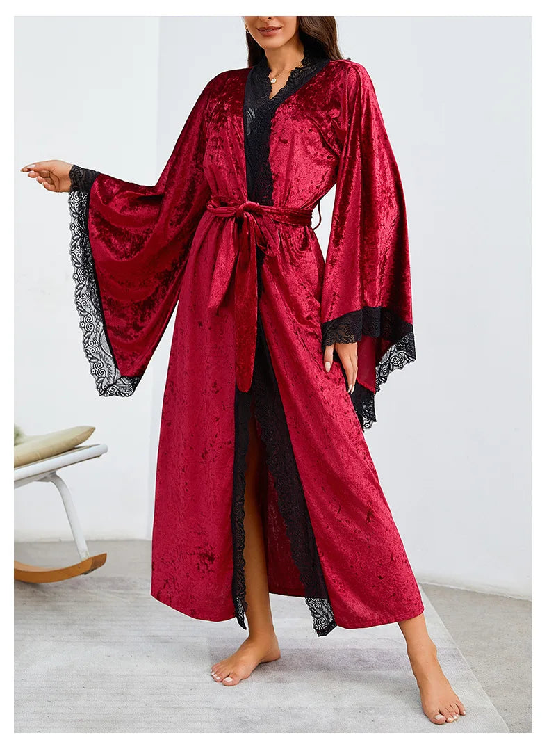 YZYOUTHZING Women's Velvet Long Robe - Ankle-Length Kimono Bathrobe with Lace Trim Sleepwear Nightgown