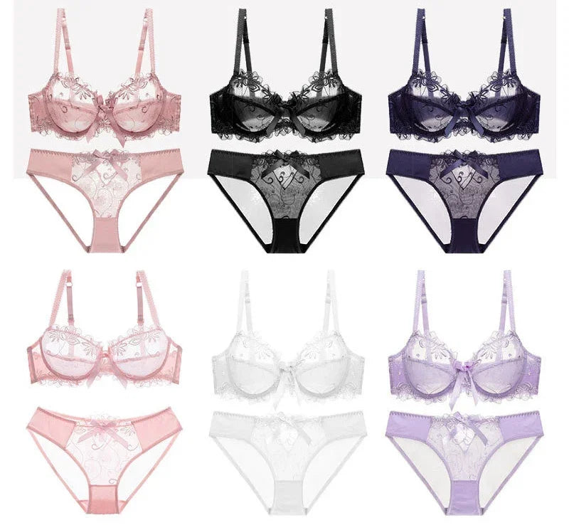 HUISONG Women's Lace Bra & Brief Set - 3/4 Cup Unlined Sexy Lingerie