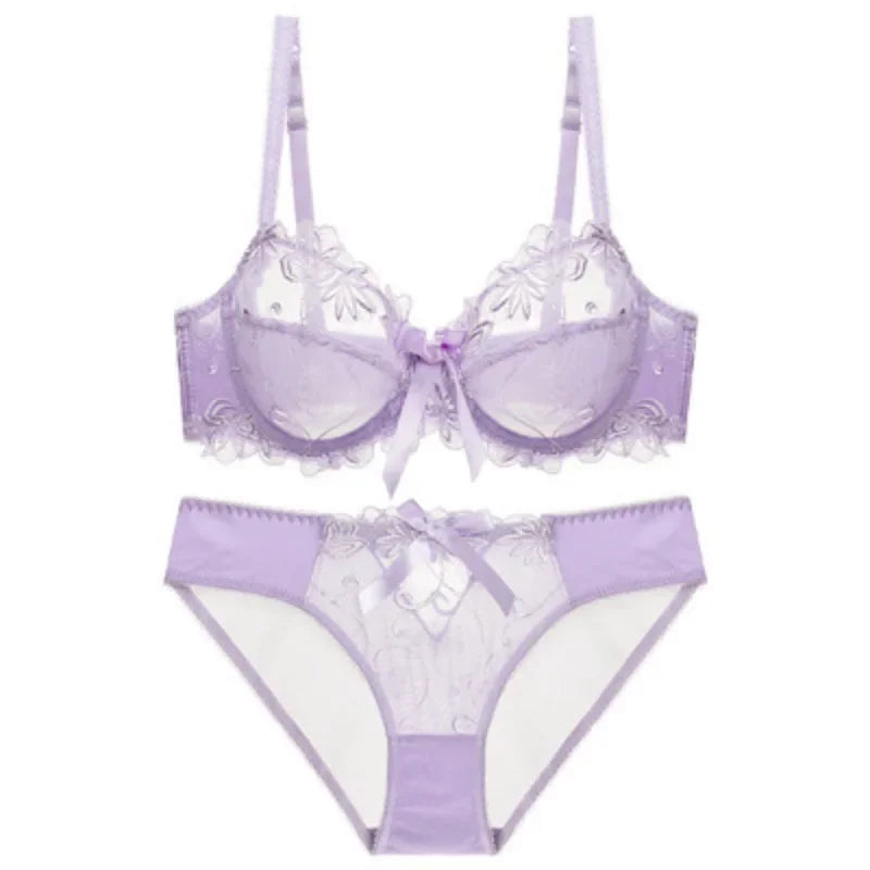HUISONG Women's Lace Bra & Brief Set - 3/4 Cup Unlined Sexy Lingerie
