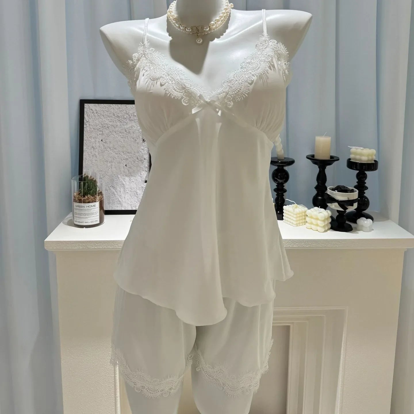 Women's Satin Pajama Set - 2-Piece Cami Top & Shorts Summer Sleepwear with Lace Trim