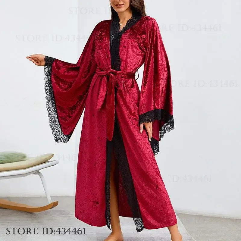 YZYOUTHZING Women's Velvet Long Robe - Ankle-Length Kimono Bathrobe with Lace Trim Sleepwear Nightgown