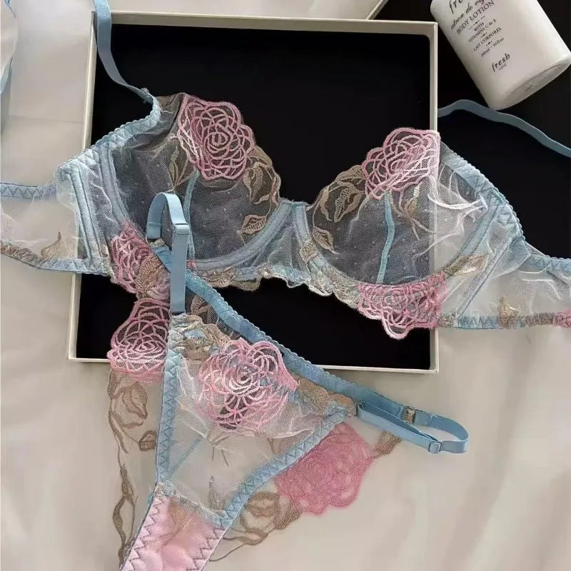 MOYISU Women's Underwire Bra & Brief Set - 3/4 Cup Push Up Plunge Embroidery S-4XL