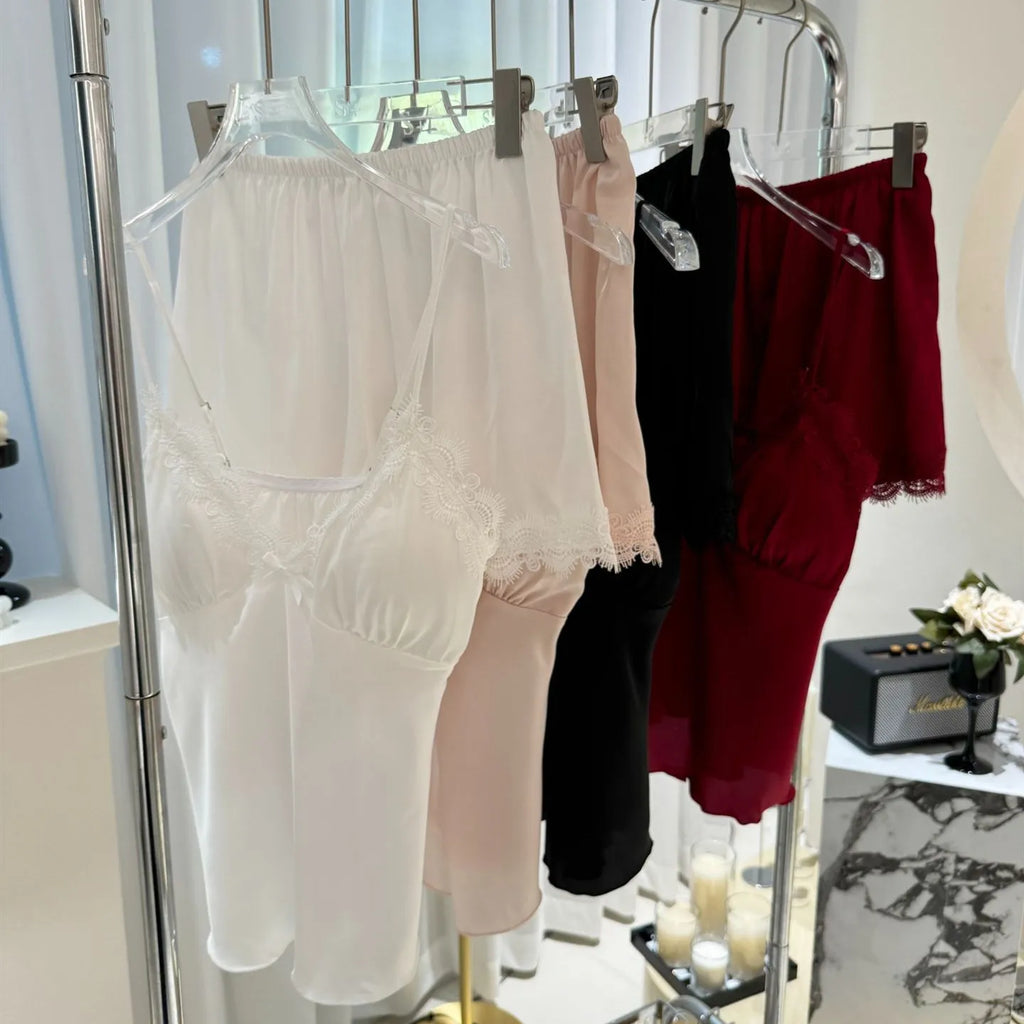 Women's Satin Pajama Set - 2-Piece Cami Top & Shorts Summer Sleepwear with Lace Trim