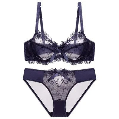 HUISONG Women's Lace Bra & Brief Set - 3/4 Cup Unlined Sexy Lingerie