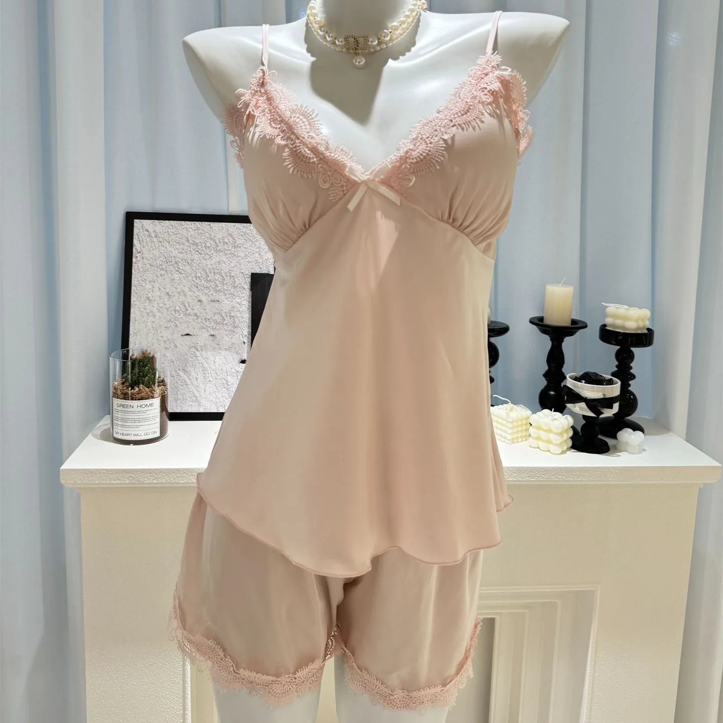 Women's Satin Pajama Set - 2-Piece Cami Top & Shorts Summer Sleepwear with Lace Trim