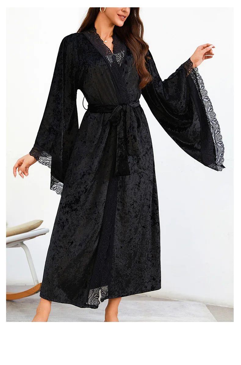 YZYOUTHZING Women's Velvet Long Robe - Ankle-Length Kimono Bathrobe with Lace Trim Sleepwear Nightgown