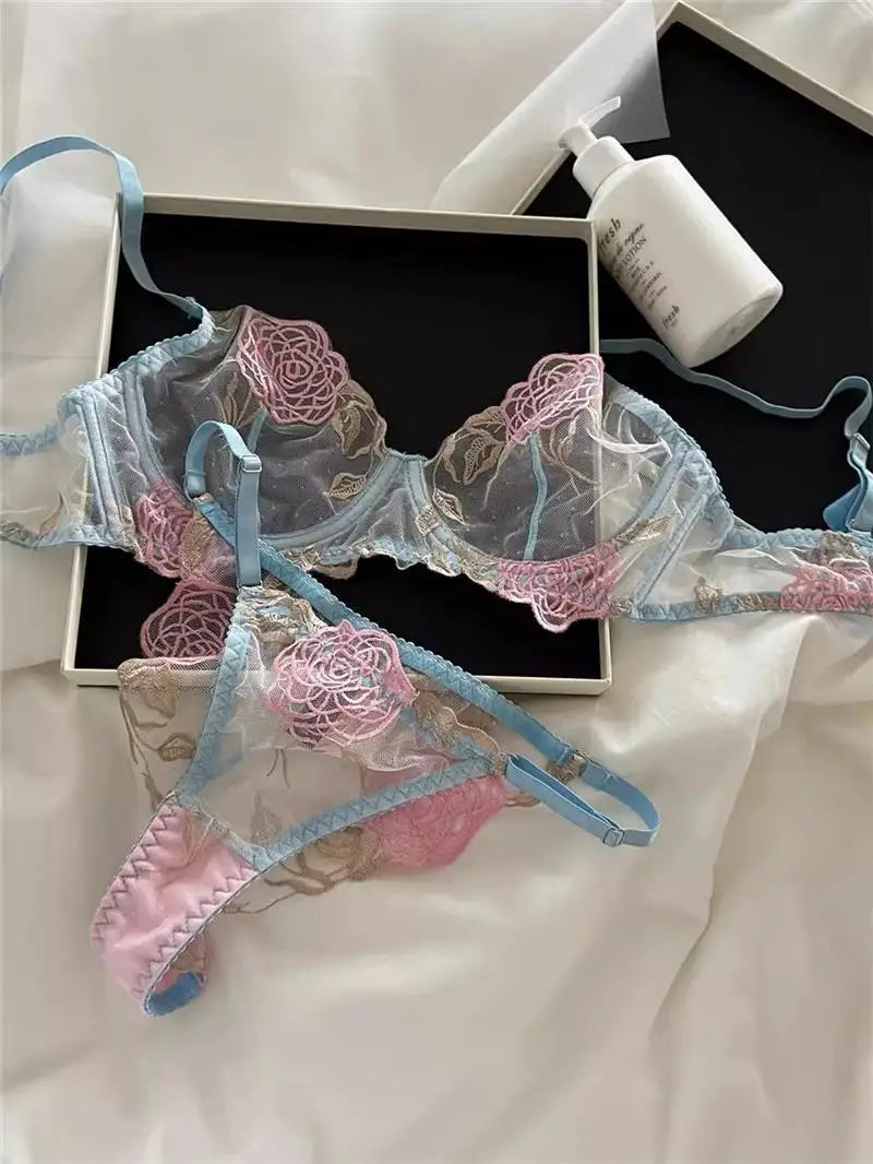 MOYISU Women's Underwire Bra & Brief Set - 3/4 Cup Push Up Plunge Embroidery S-4XL