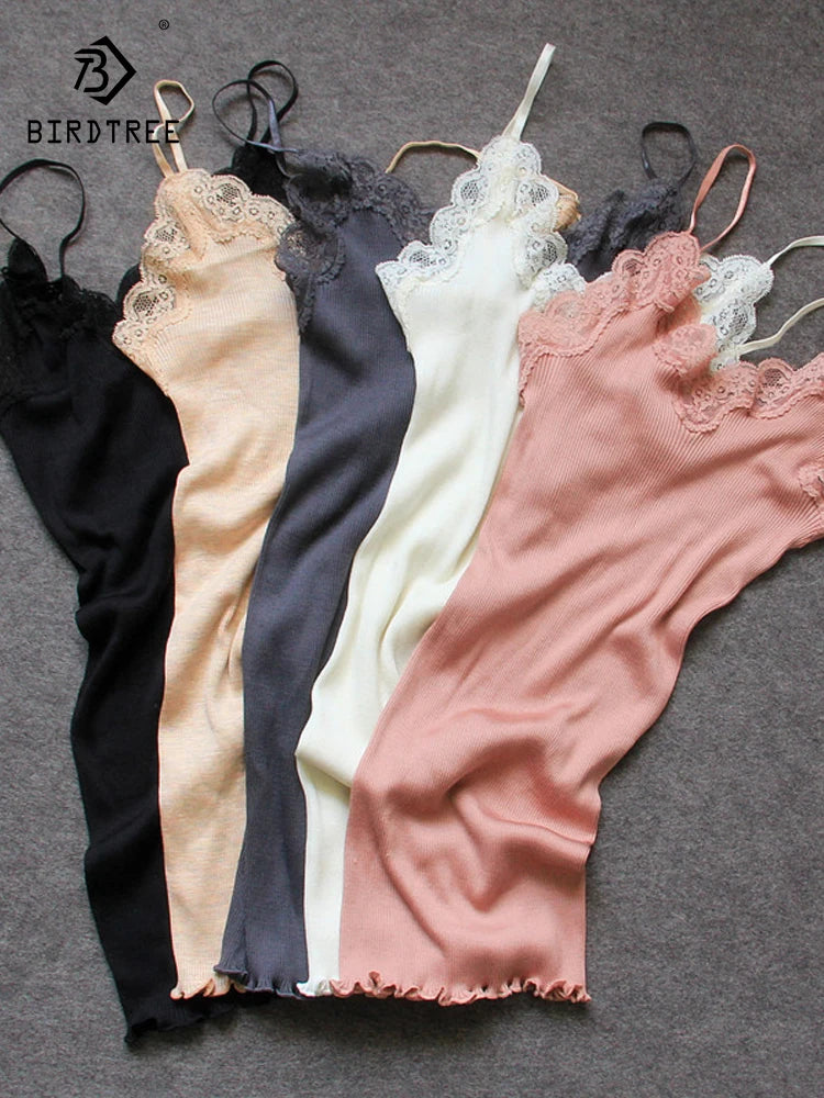 BIRDTREE 70% Silk 30% Cotton Lace Camisole - Women's Adjustable Strap Tank Top Summer Sleepwear