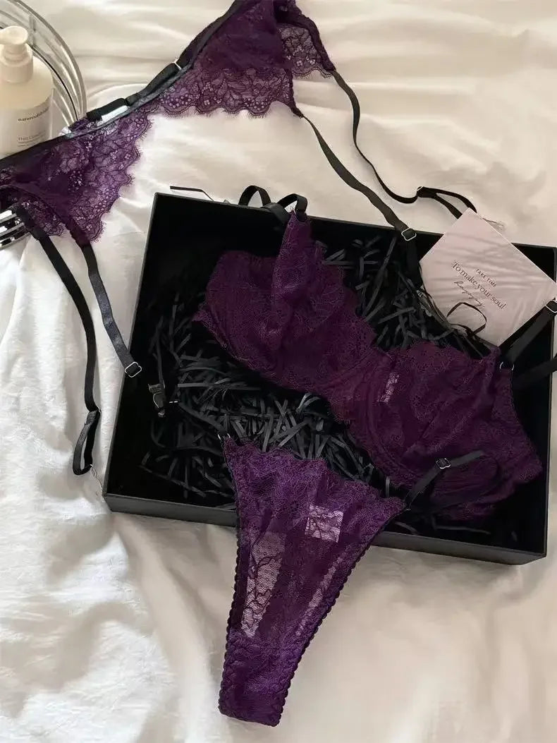 Koedse Sert Women's Seamless Underwire Bra & Brief Set - 3/4 Cup Push Up Bow Sexy Lingerie