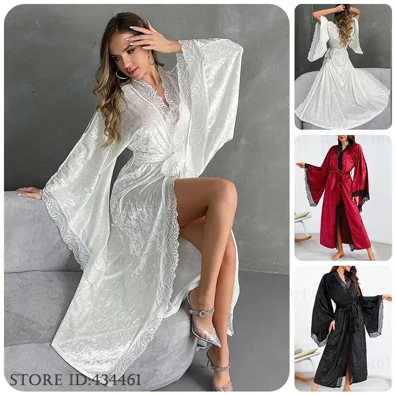 YZYOUTHZING Women's Velvet Long Robe - Ankle-Length Kimono Bathrobe with Lace Trim Sleepwear Nightgown