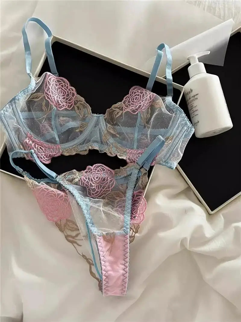 MOYISU Women's Underwire Bra & Brief Set - 3/4 Cup Push Up Plunge Embroidery S-4XL