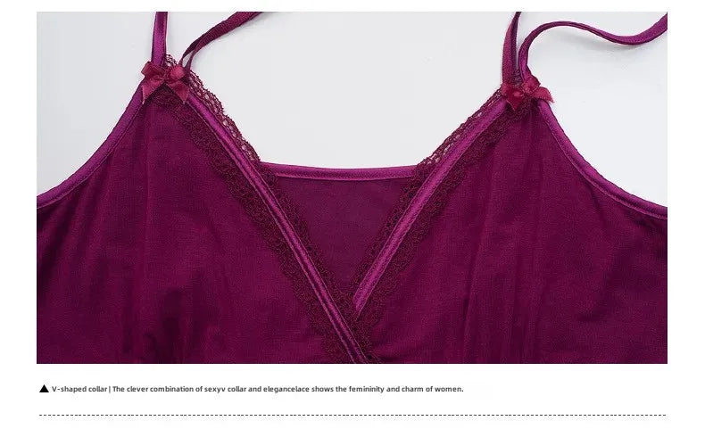 Women's Plus Size Modal Nightdress - Sexy V-Neck Sleeveless Lace Trim Spring Summer Sleepwear