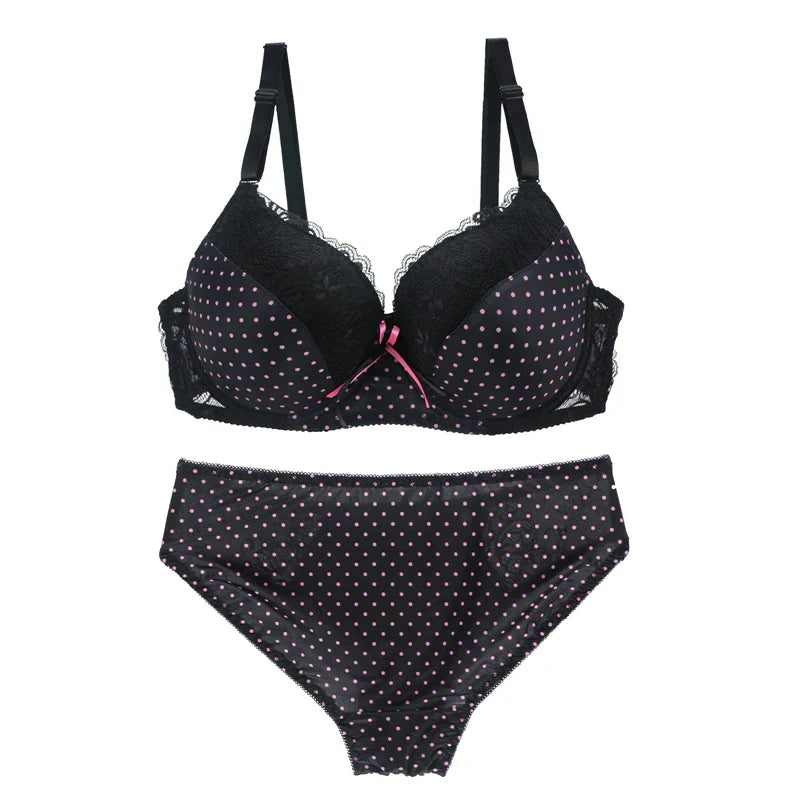 DAINAFANG Women's Underwire Push Up Bra & Brief Set - 3/4 Cup Bow Print Sexy Lingerie 32-44 BCDE