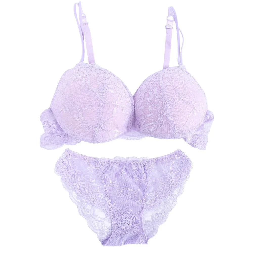 Women's Wireless Padded Lace Bra & Brief Set - 3/4 Cup Sexy Lingerie