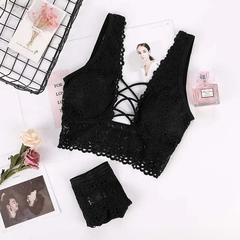 DAY DAY FUN Women's Wireless Seamless Bra & Brief Set - 3/4 Cup Lace Everyday Lingerie