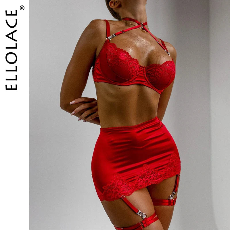 ELLOLACE Women's Sexy Lace Lingerie Set - Underwire Bra & Brief with Garter 3-Piece Set