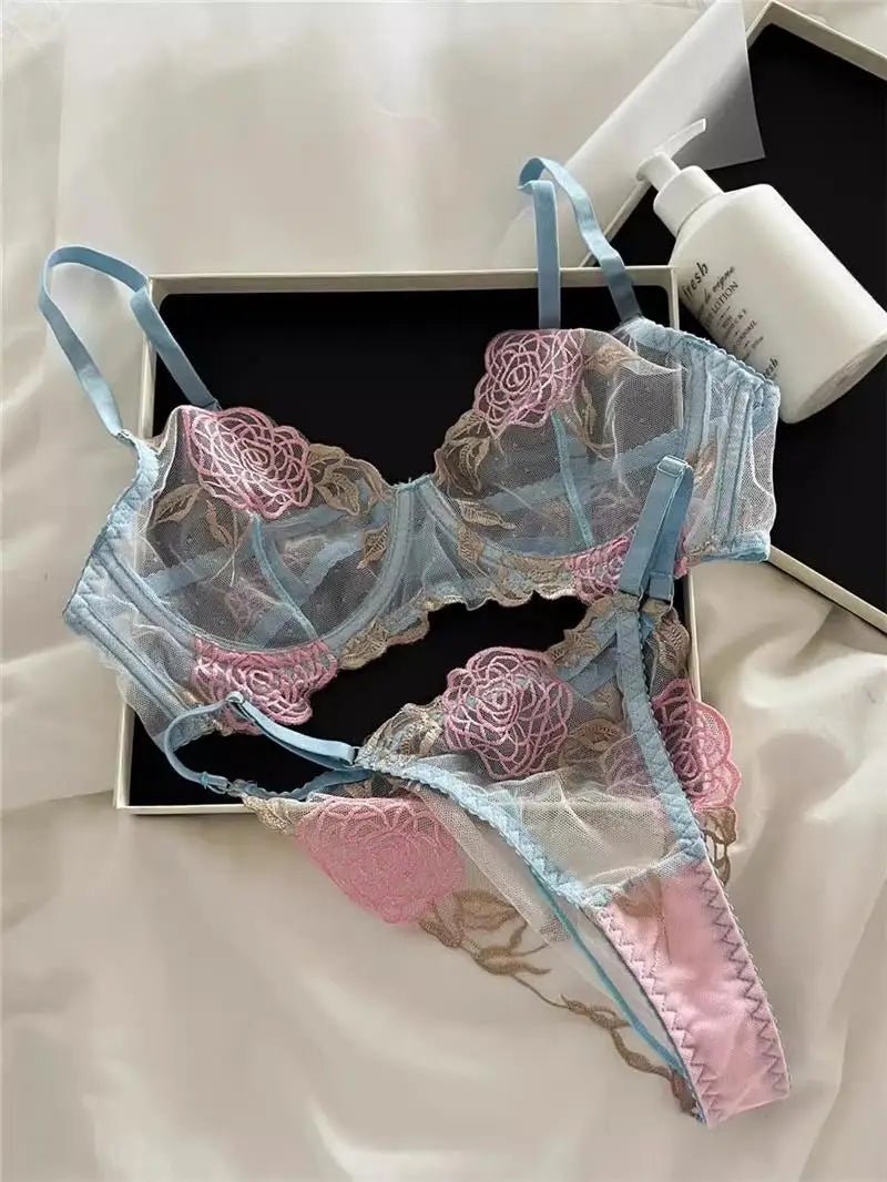 MOYISU Women's Underwire Bra & Brief Set - 3/4 Cup Push Up Plunge Embroidery S-4XL