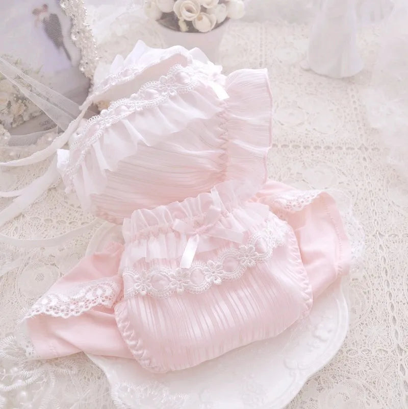 Women's Wireless Lace Bra & Brief Set - Lolita Style 3/4 Cup Push Up Lingerie M-XL