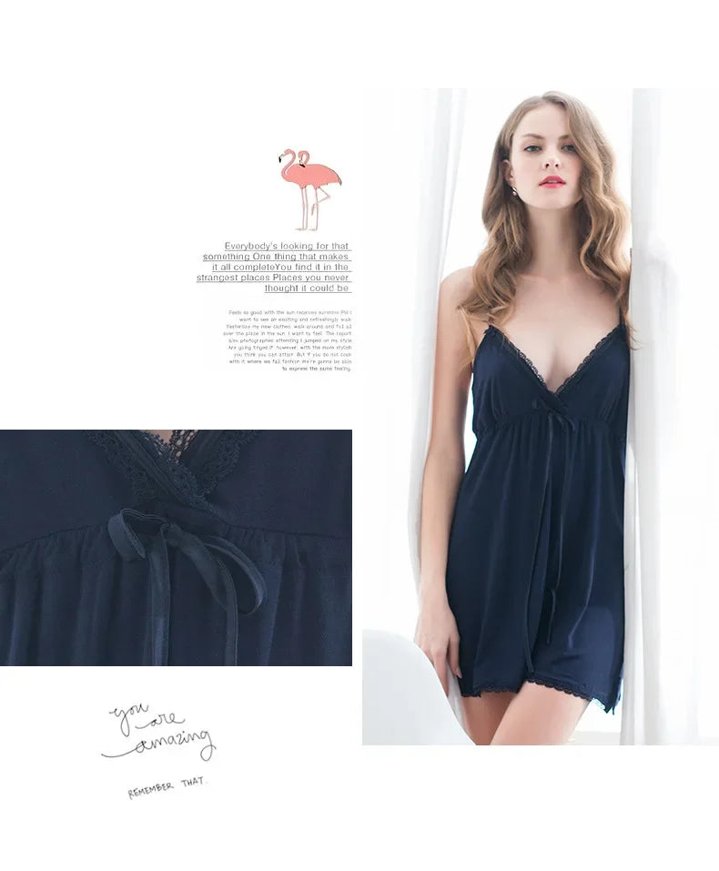 Women's Plus Size Modal Nightdress - Sexy V-Neck Sleeveless Lace Trim Spring Summer Sleepwear