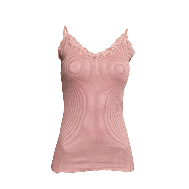 BIRDTREE 70% Silk 30% Cotton Lace Camisole - Women's Adjustable Strap Tank Top Summer Sleepwear