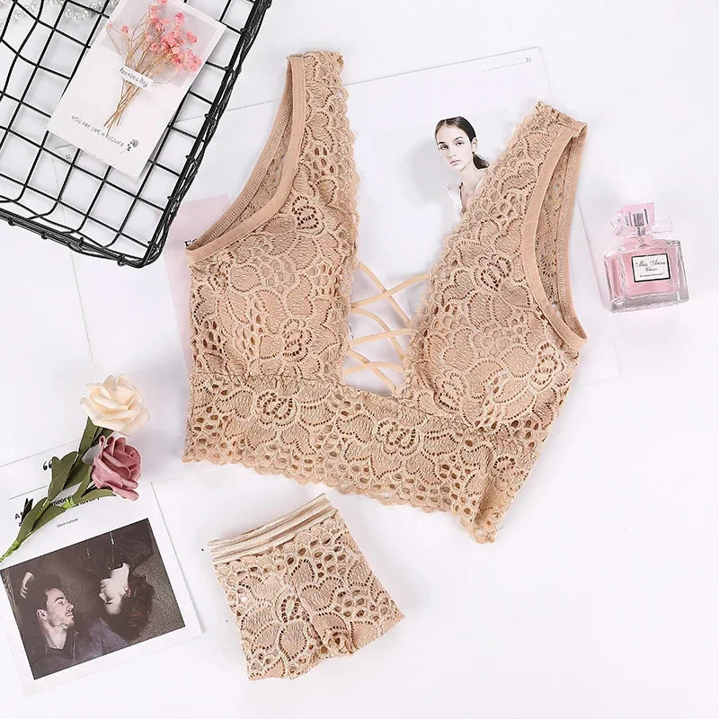 DAY DAY FUN Women's Wireless Seamless Bra & Brief Set - 3/4 Cup Lace Everyday Lingerie