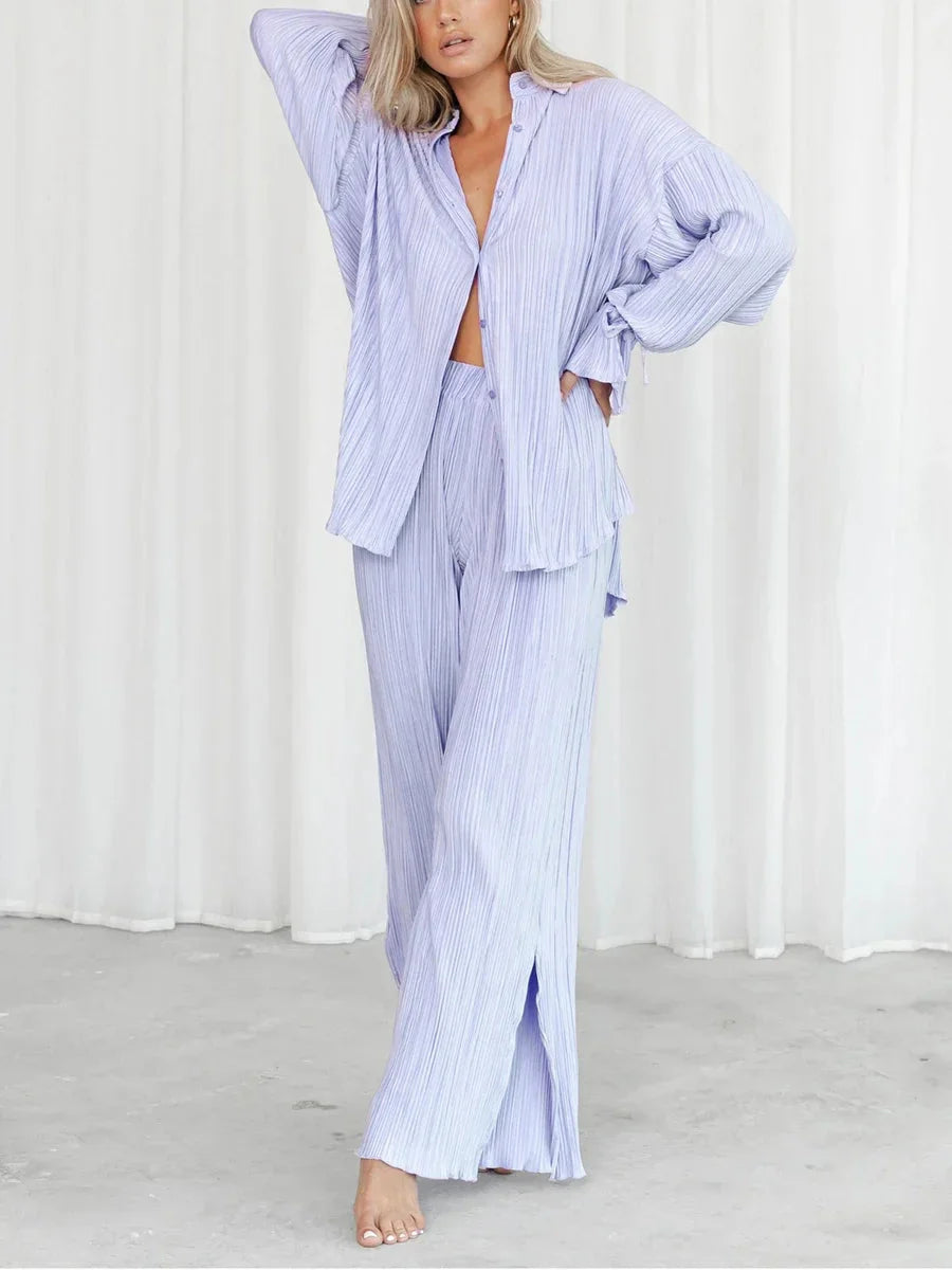 Women's Two-Piece Outfit - V-Neck Top & Wide Leg Pants NoEnName_Null