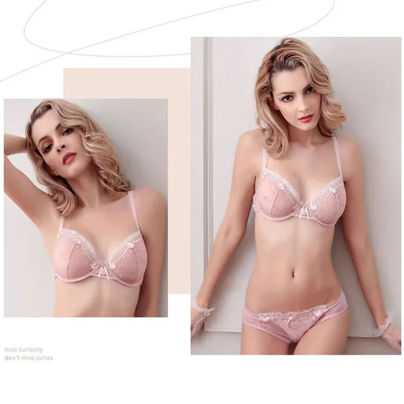 HUISONG Women's Lace Bra & Brief Set - 3/4 Cup Unlined Sexy Lingerie