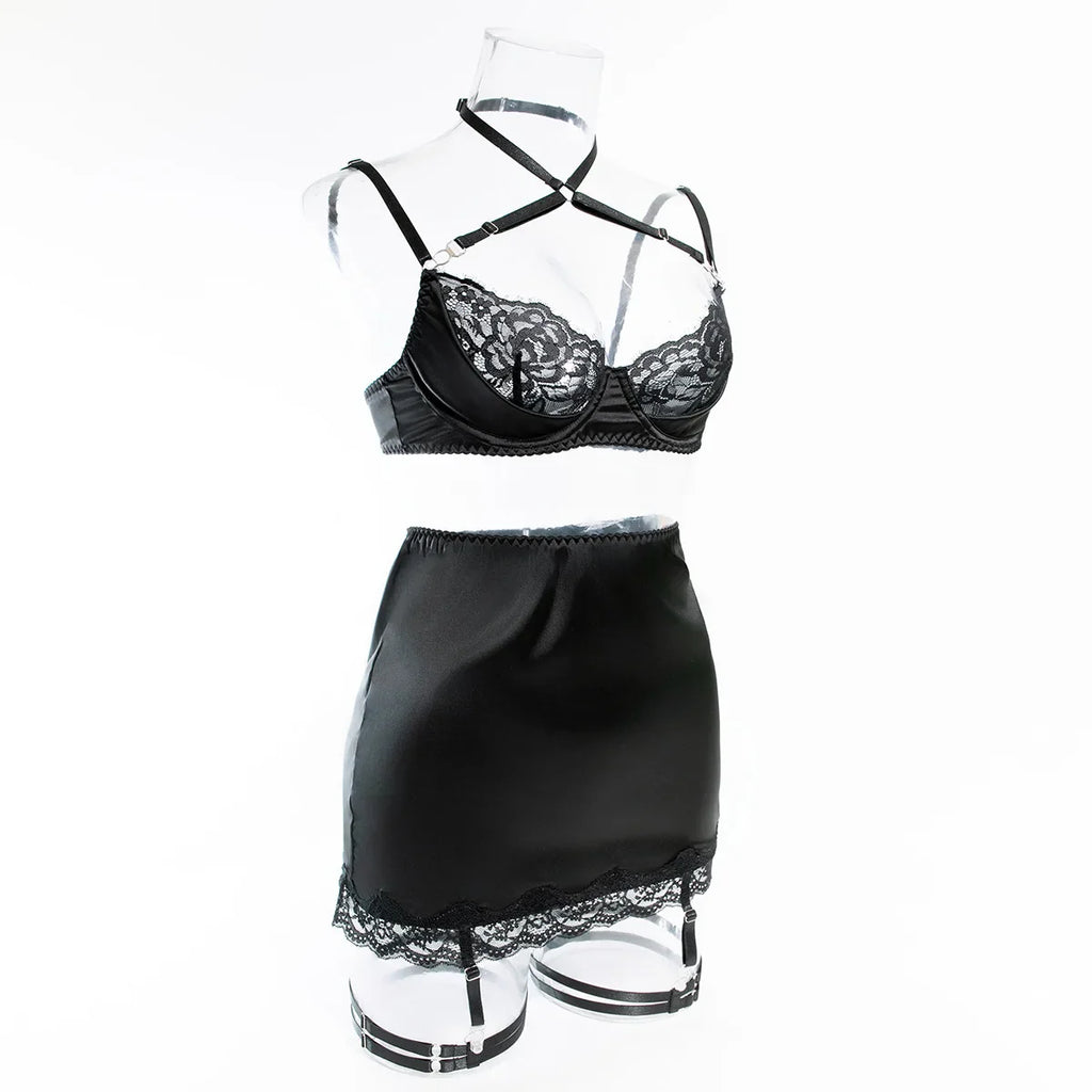 ELLOLACE Women's Sexy Lace Lingerie Set - Underwire Bra & Brief with Garter 3-Piece Set