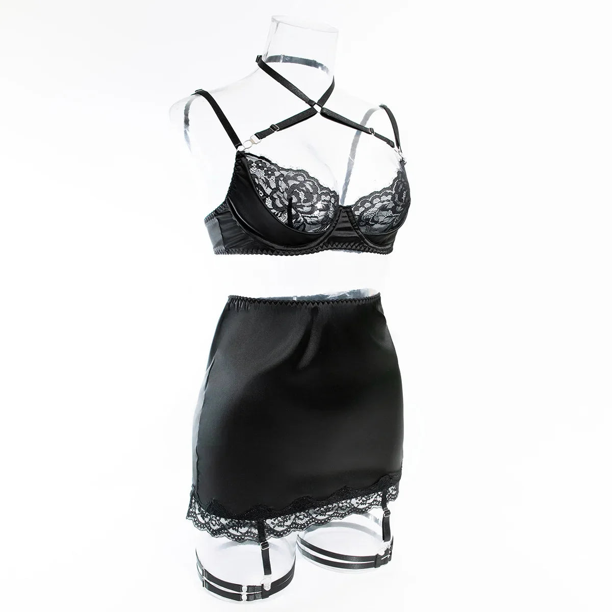 ELLOLACE Women's Sexy Lace Lingerie Set - Underwire Bra & Brief with Garter 3-Piece Set