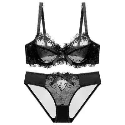 HUISONG Women's Lace Bra & Brief Set - 3/4 Cup Unlined Sexy Lingerie