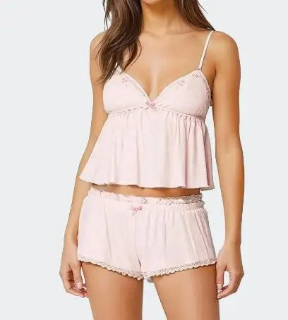 Imcute Women's Summer Pajama Set - 2-Piece Embroidery Lace Trim Camisole & Shorts Sleepwear