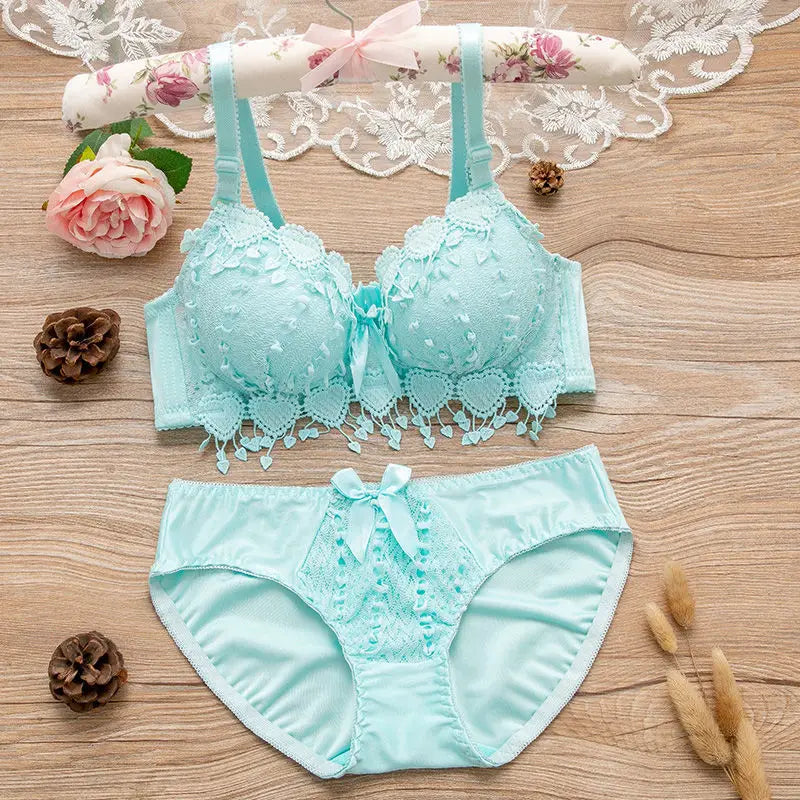 Women's Wireless Floral Bra & Brief Set - 3/4 Cup Push Up Bow Everyday Lingerie