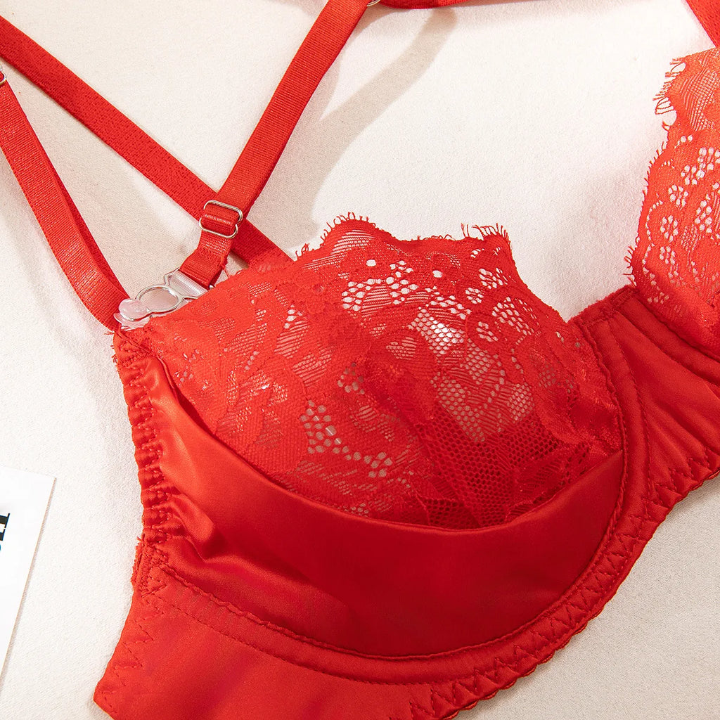 ELLOLACE Women's Sexy Lace Lingerie Set - Underwire Bra & Brief with Garter 3-Piece Set