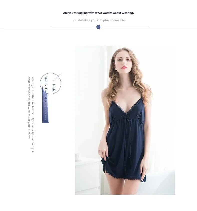 Women's Plus Size Modal Nightdress - Sexy V-Neck Sleeveless Lace Trim Spring Summer Sleepwear