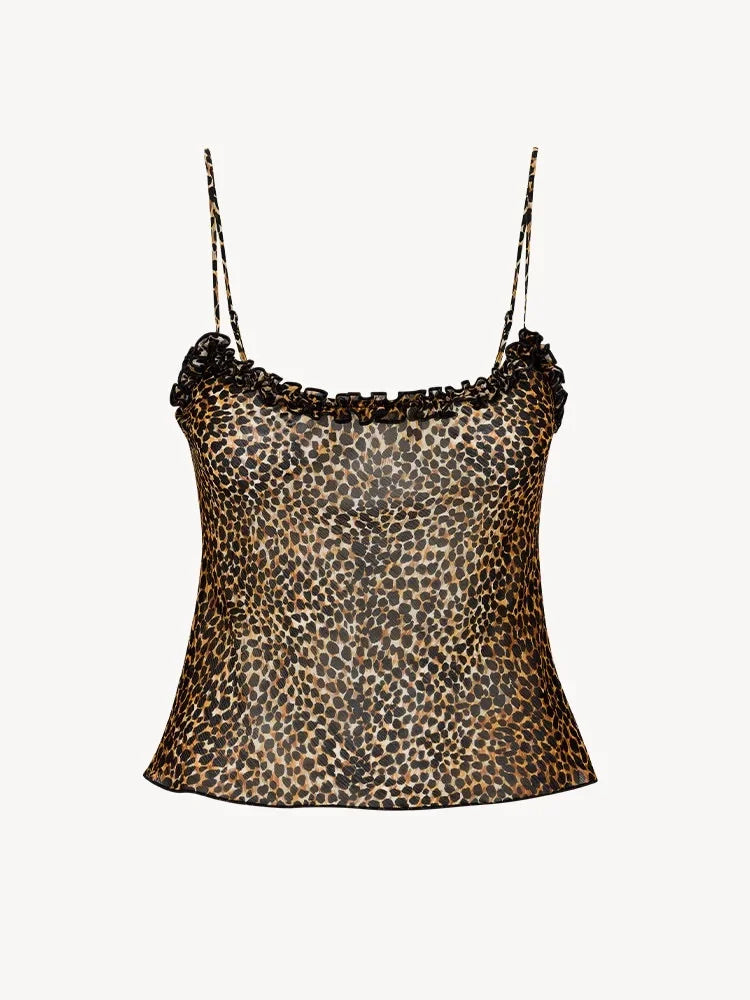 Women's 100% Silk Leopard Print Camisole - Strapless Lace Trim Tank Top Summer 2025